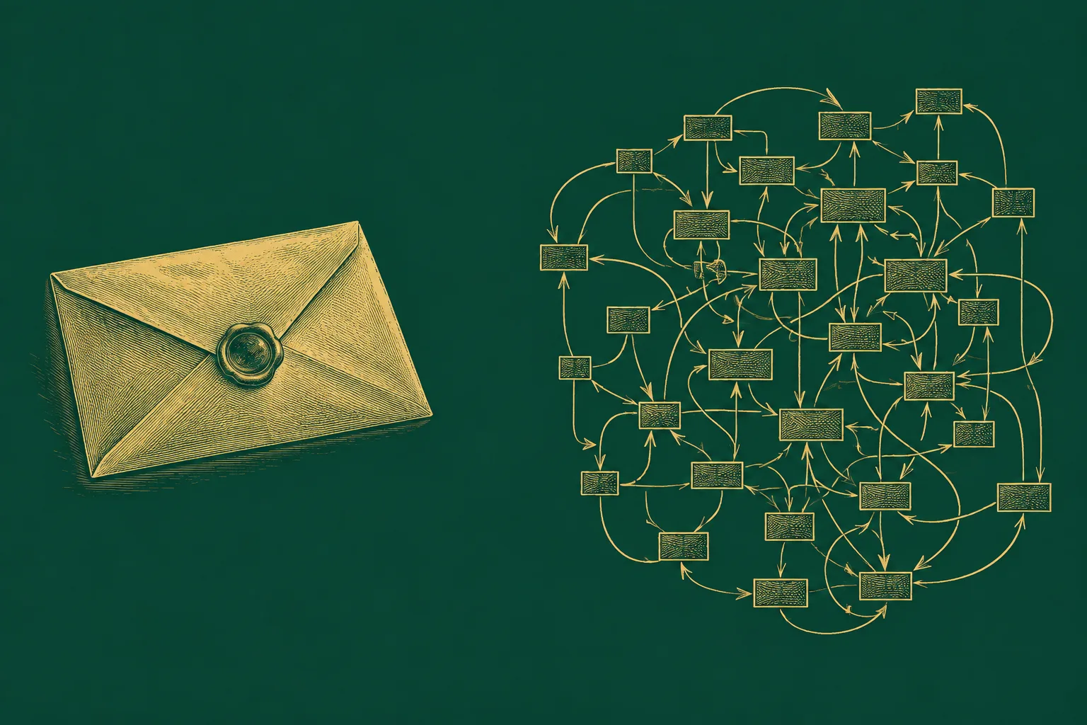 A single folded letter beside a tangle of boxes and arrows, drawn as a brass engraving on deep green