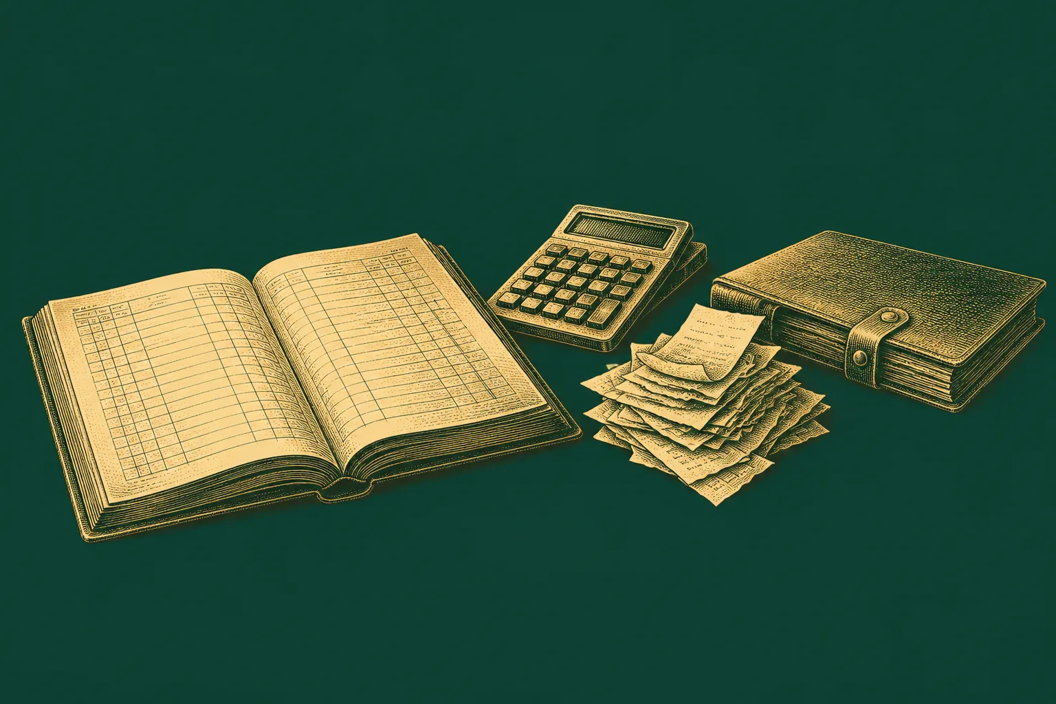 A ledger book, calculator, paper receipts and document folder arranged as an accounting preparation workspace, drawn as a brass engraving on deep green