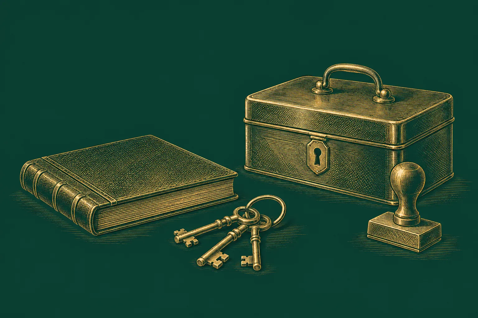 A ledger, keys, approval stamp and locked cash box arranged on a desk, drawn as a brass engraving on deep green