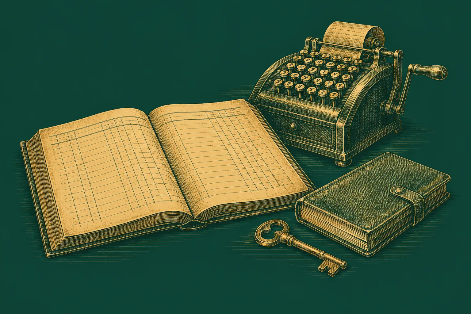 An open ledger, mechanical adding machine, appointment book and brass key represent the routines used to manage AI agents, drawn as a brass engraving on deep green