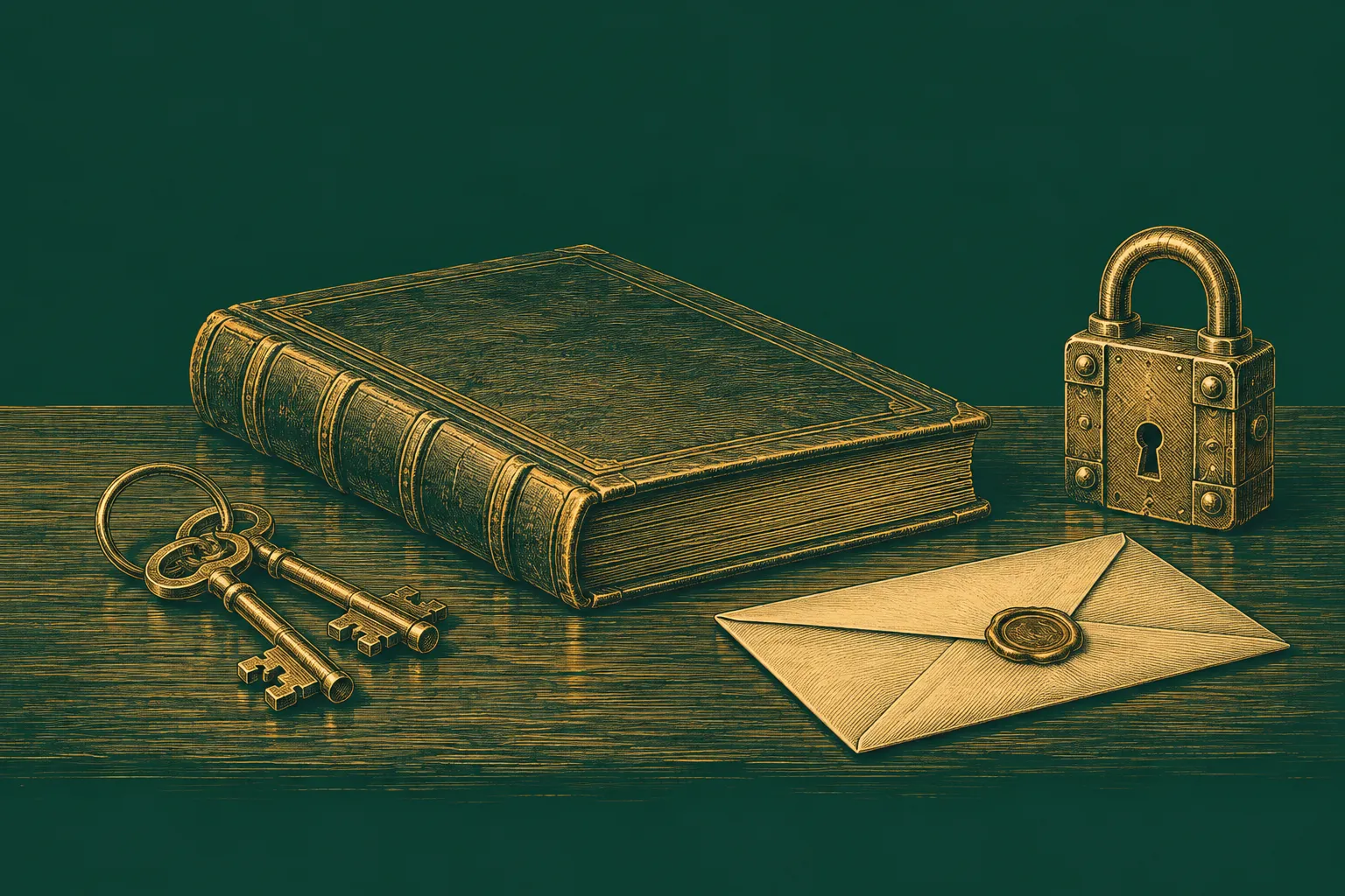A closed ledger, keys, sealed envelope and mechanical lock arranged on a desk, drawn as a brass engraving on deep green