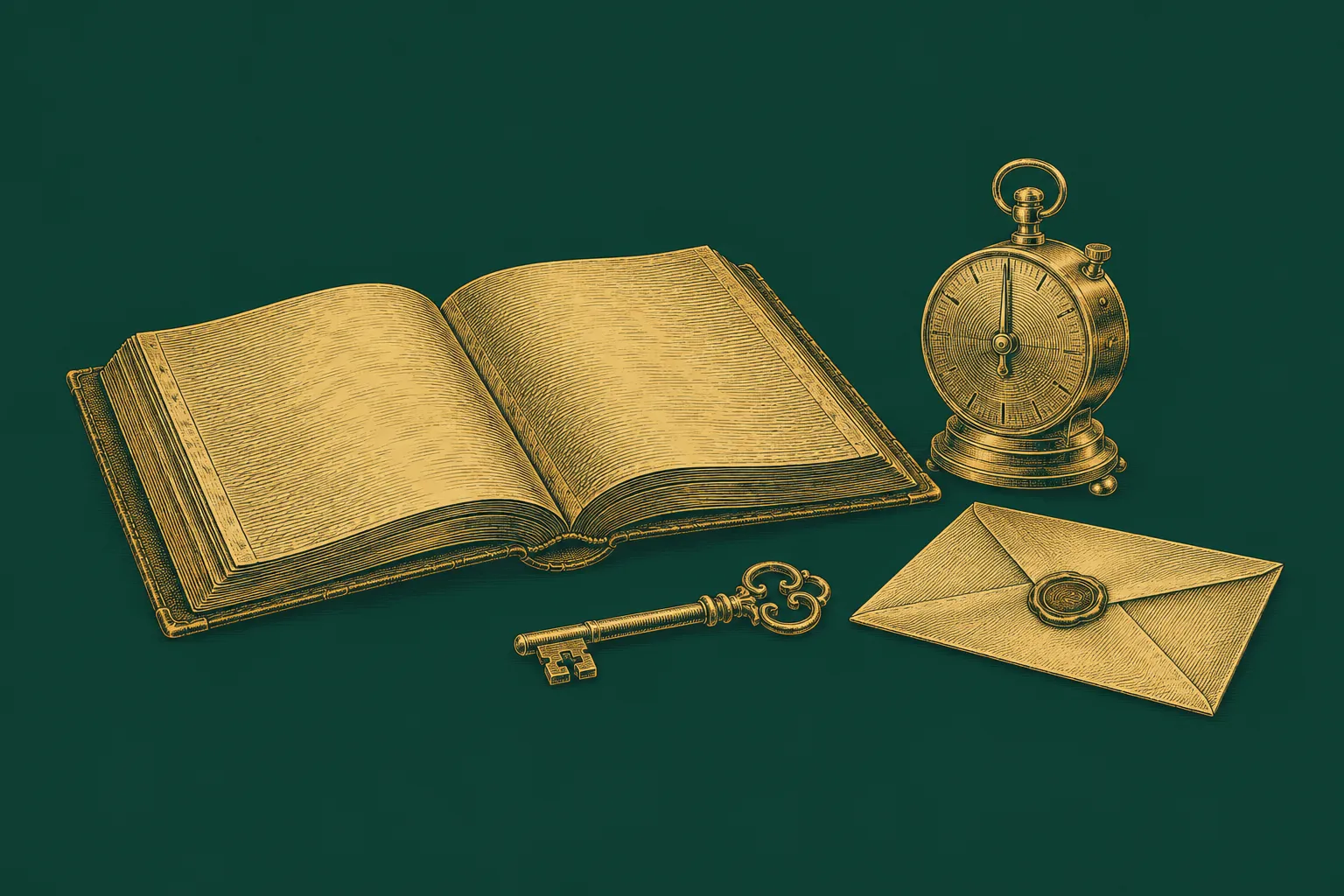 An open ledger sits beside a mechanical timer, a brass key and a sealed envelope, representing the scope, limits and approvals built into an AI agent template, drawn as a brass engraving on deep green