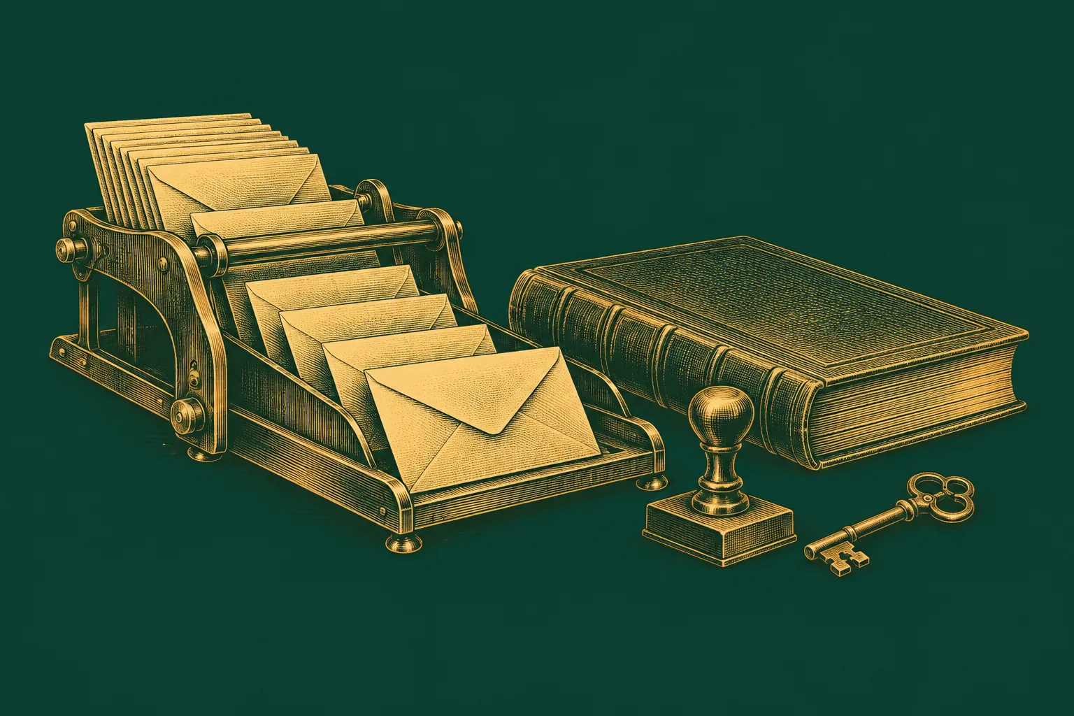 Letters sit in a sorting tray beside a ledger, a rubber stamp and a locked key, drawn as a brass engraving on deep green