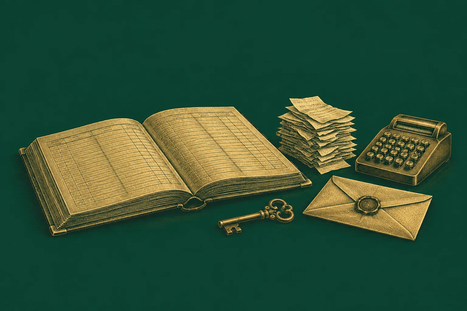 A ledger, receipts, calculator, key and sealed payment envelope represent the difference between preparing bookkeeping records and authorising financial actions, drawn as a brass engraving on deep green