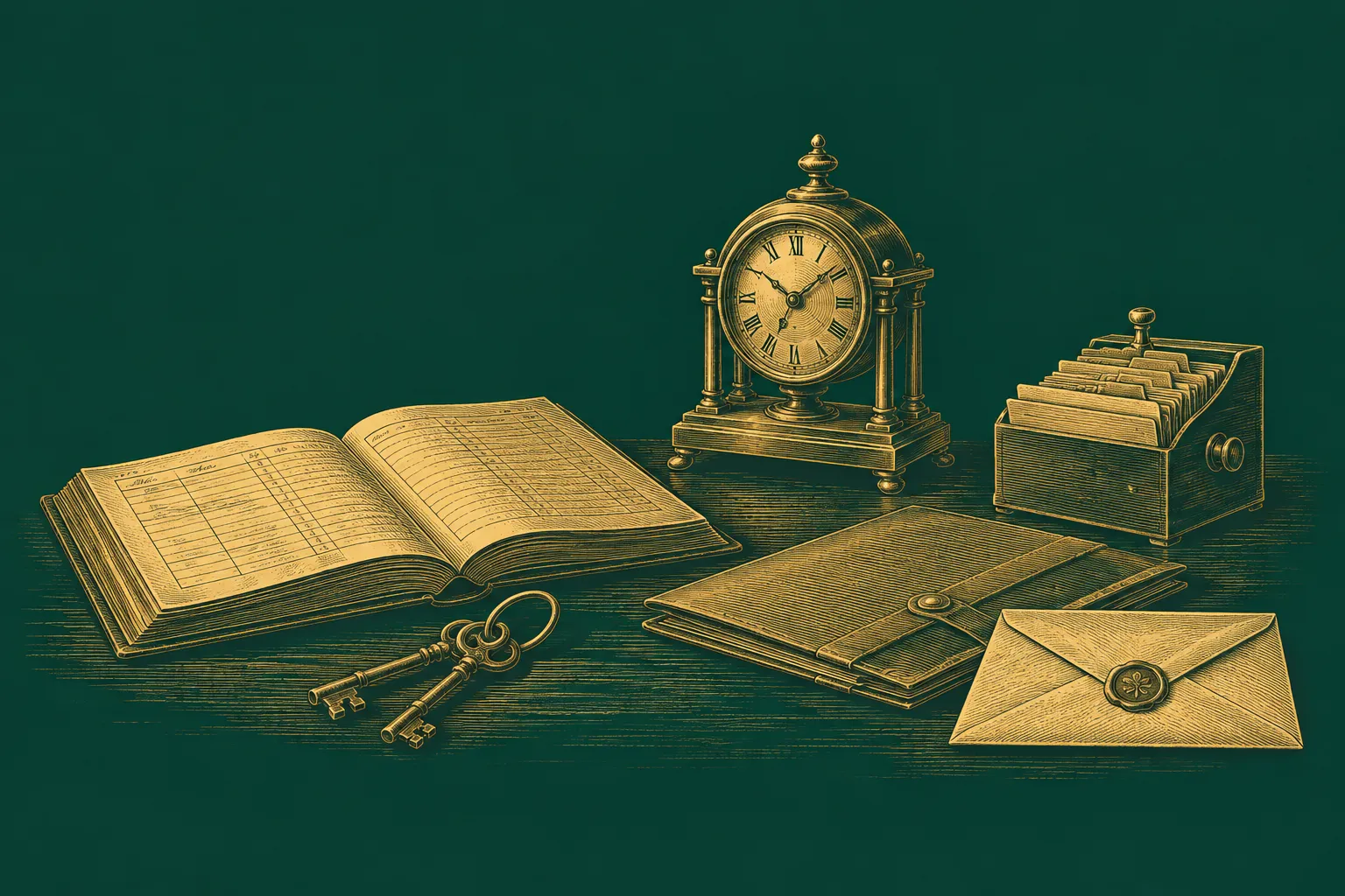 A desk scene with objects representing organised work, records, decisions and delegated tasks, drawn as a brass engraving on deep green