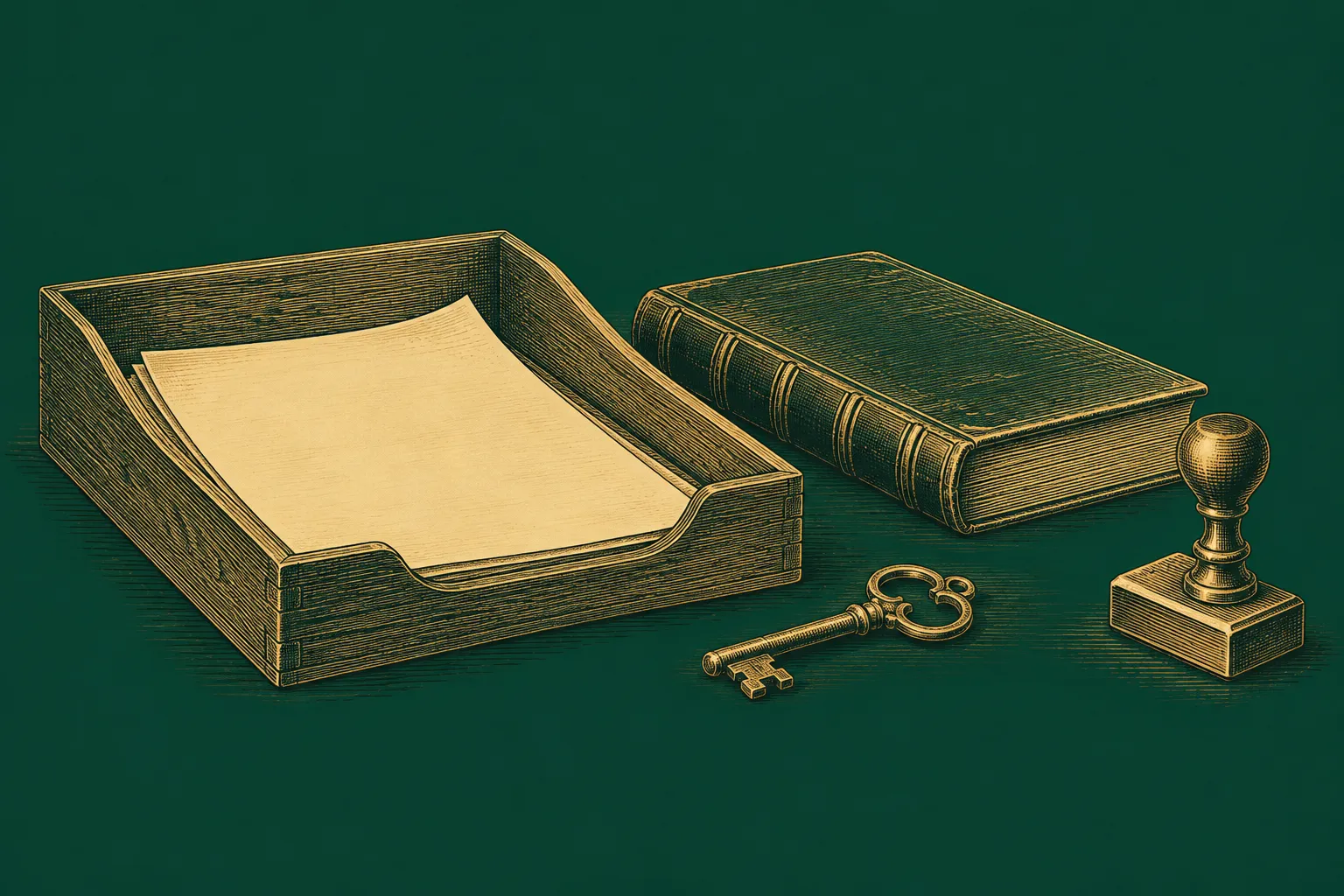 An unfinished letter sits in an office tray beside a ledger, a key and an approval stamp, drawn as a brass engraving on deep green