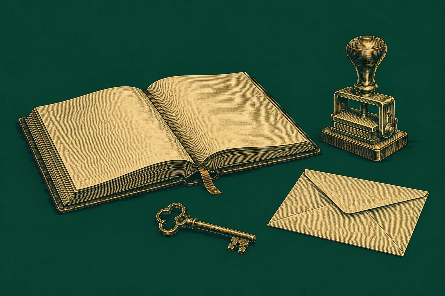 A ledger, envelope, key and approval stamp arranged on a desk to represent careful delegation, drawn as a brass engraving on deep green