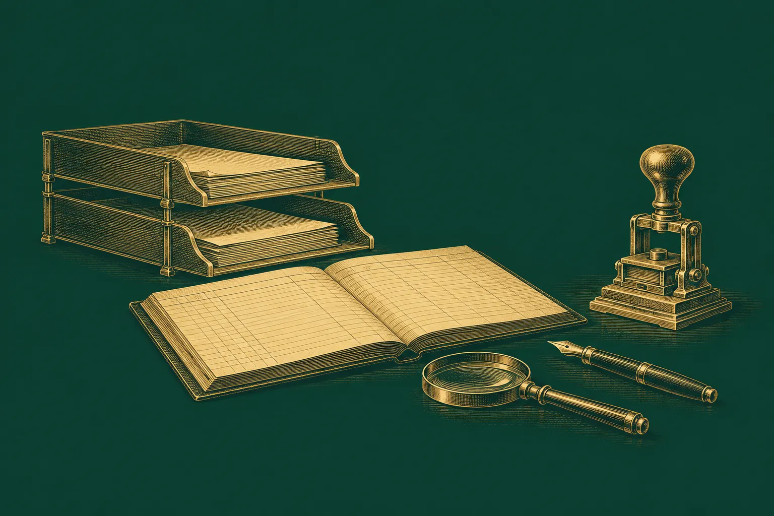 A desk arranged with research papers, a ledger, a magnifying glass, a fountain pen and an approval stamp, drawn as a brass engraving on deep green