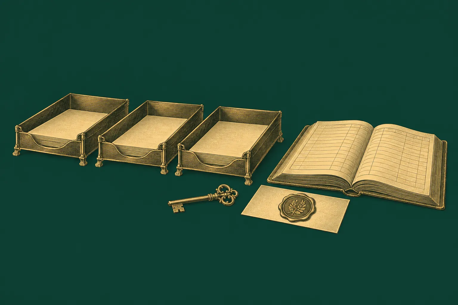 Separate document trays sit beside a key, an approval card and an open ledger, drawn as a brass engraving on deep green