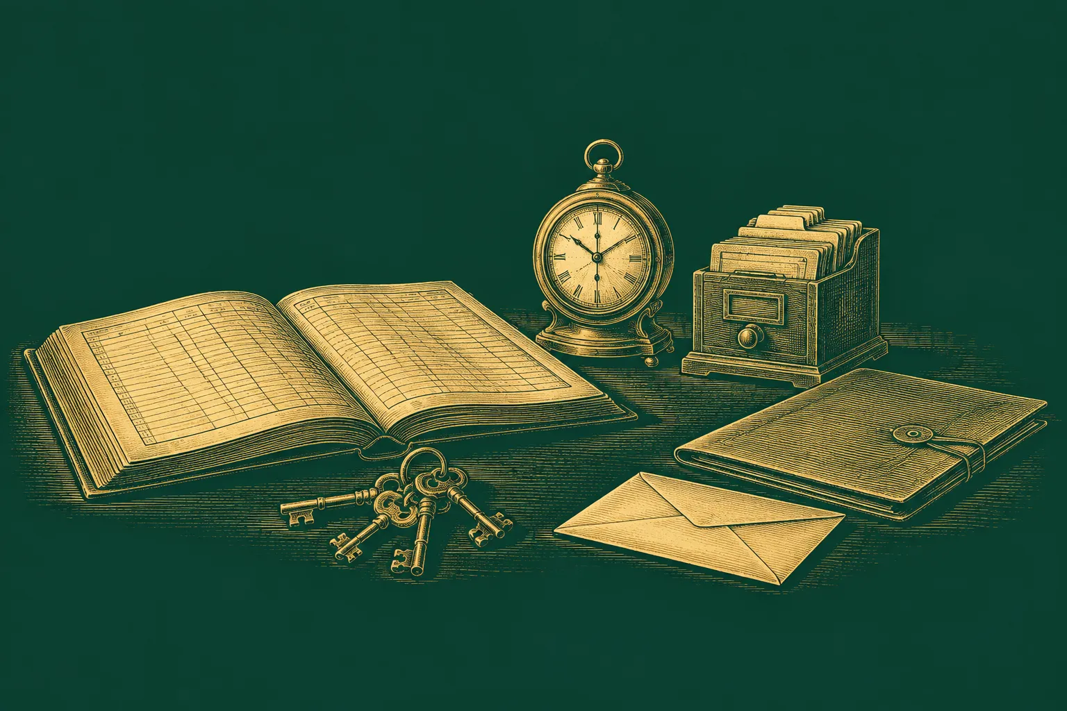 A desk scene with records and mechanisms representing controlled AI actions and review points, drawn as a brass engraving on deep green