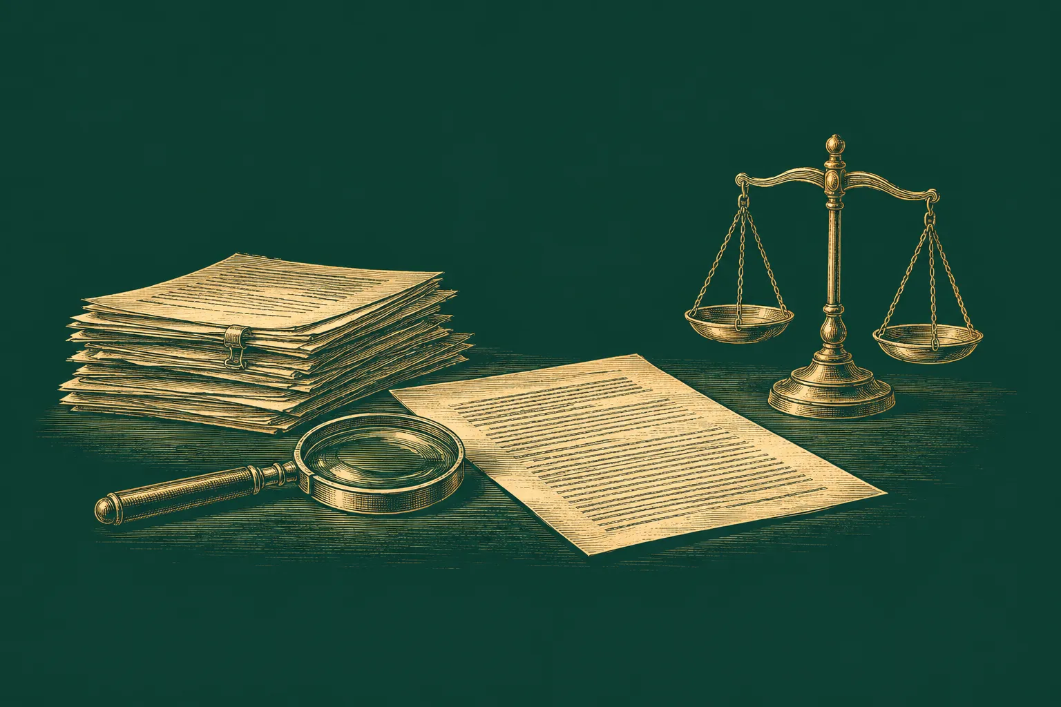 A magnifying glass rests beside a research memo and source documents, with a brass balance scale nearby, drawn as a brass engraving on deep green