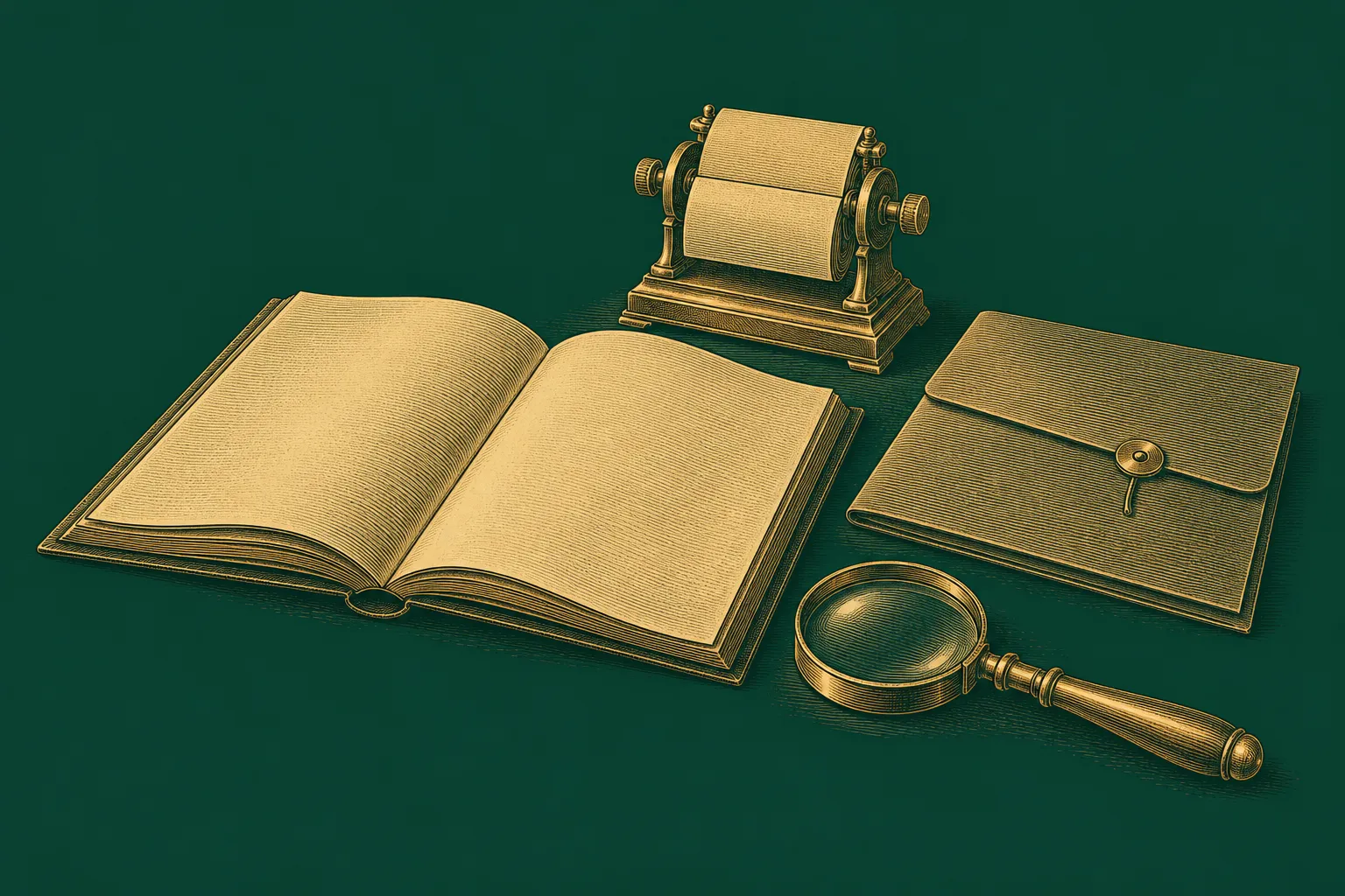 An open meeting notebook sits beside a desk calendar, a folder of meeting records and a magnifying glass, drawn as a brass engraving on deep green