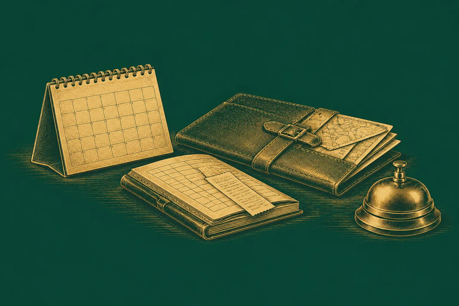 A desk calendar, travel folder, receipt ledger and desk bell represent routine work prepared for review before a decision is made, drawn as a brass engraving on deep green