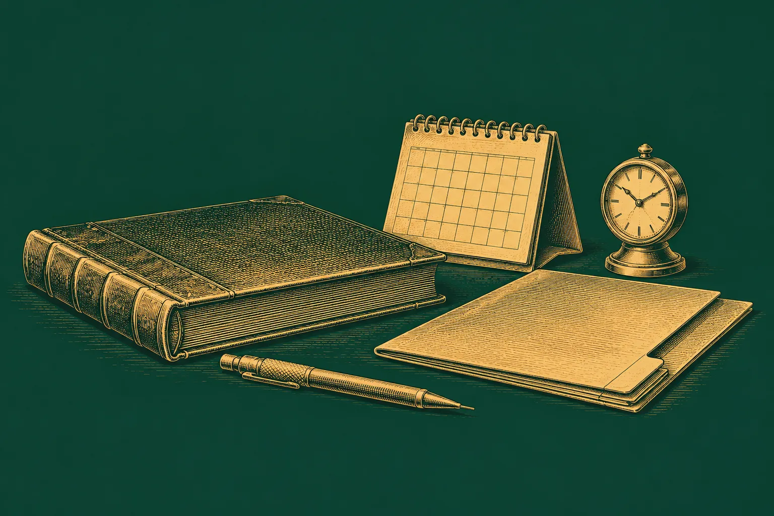 A project ledger, desk calendar, pencil, paper folder and brass clock represent the work of tracking deadlines and project risks, drawn as a brass engraving on deep green