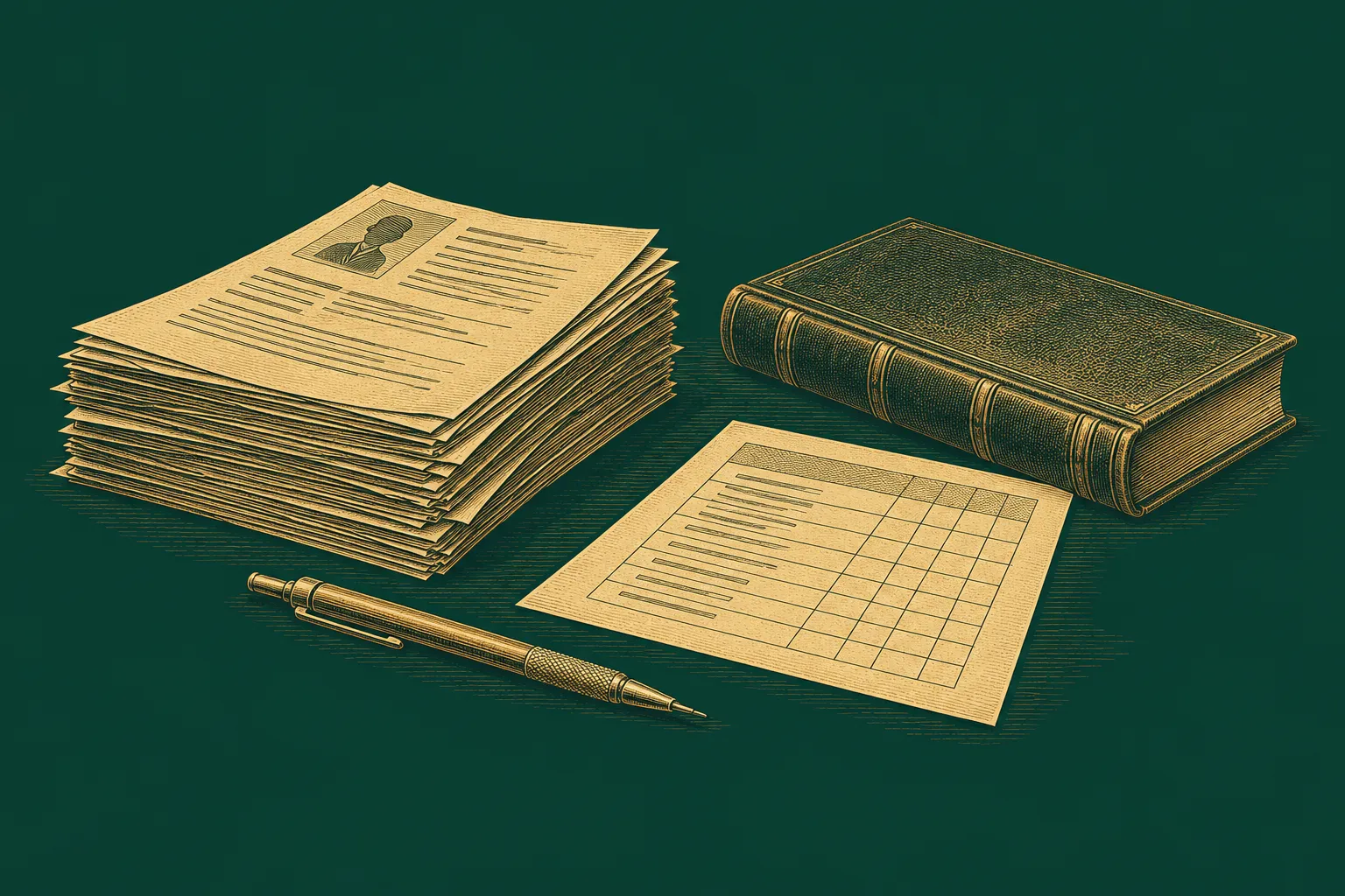 A stack of resumes sits beside a scoring rubric, pencil and ledger, representing evidence-based resume screening with human review, drawn as a brass engraving on deep green