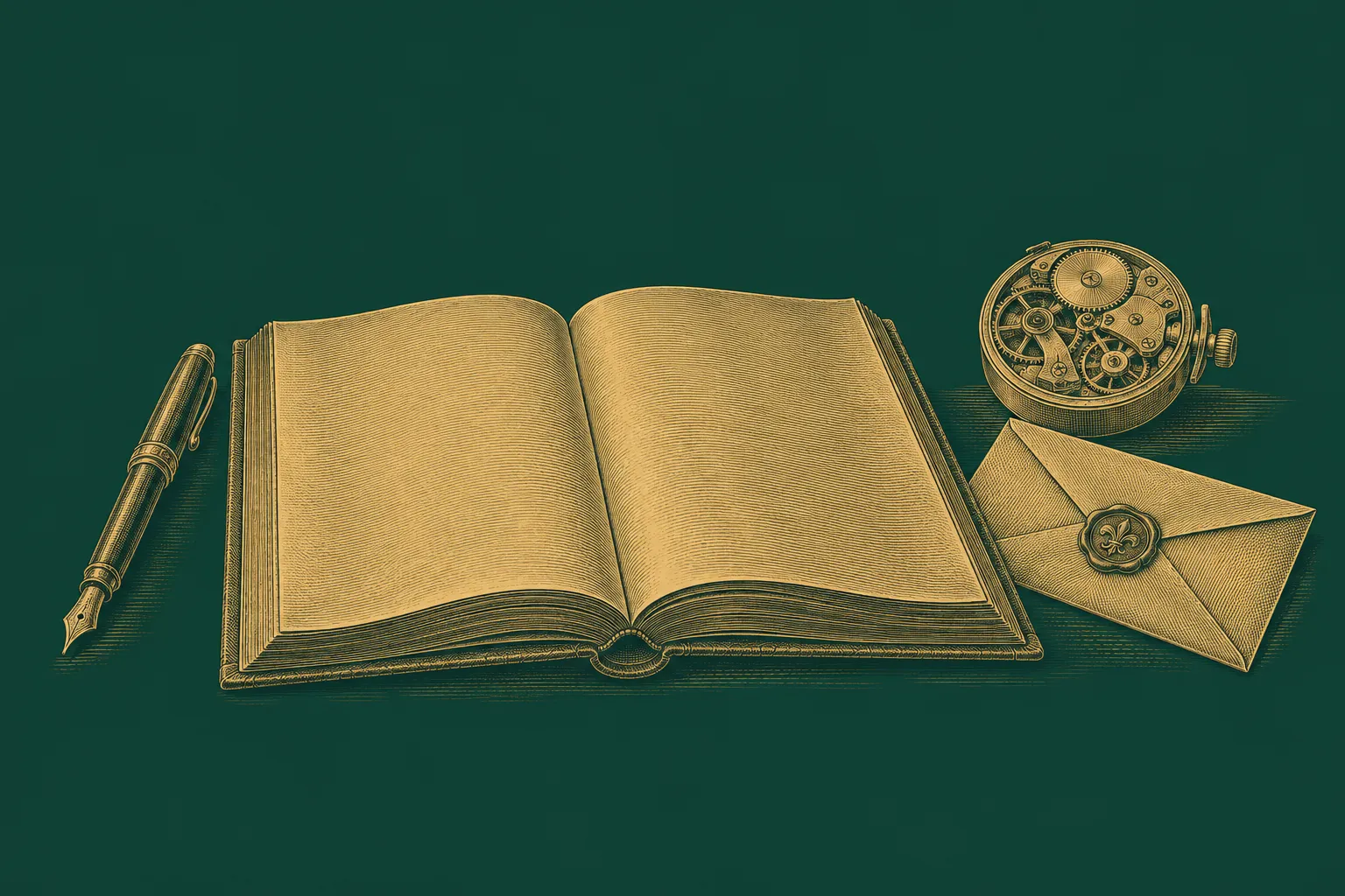 An open ledger and fountain pen sit beside a brass clockwork mechanism and a sealed envelope, drawn as a brass engraving on deep green