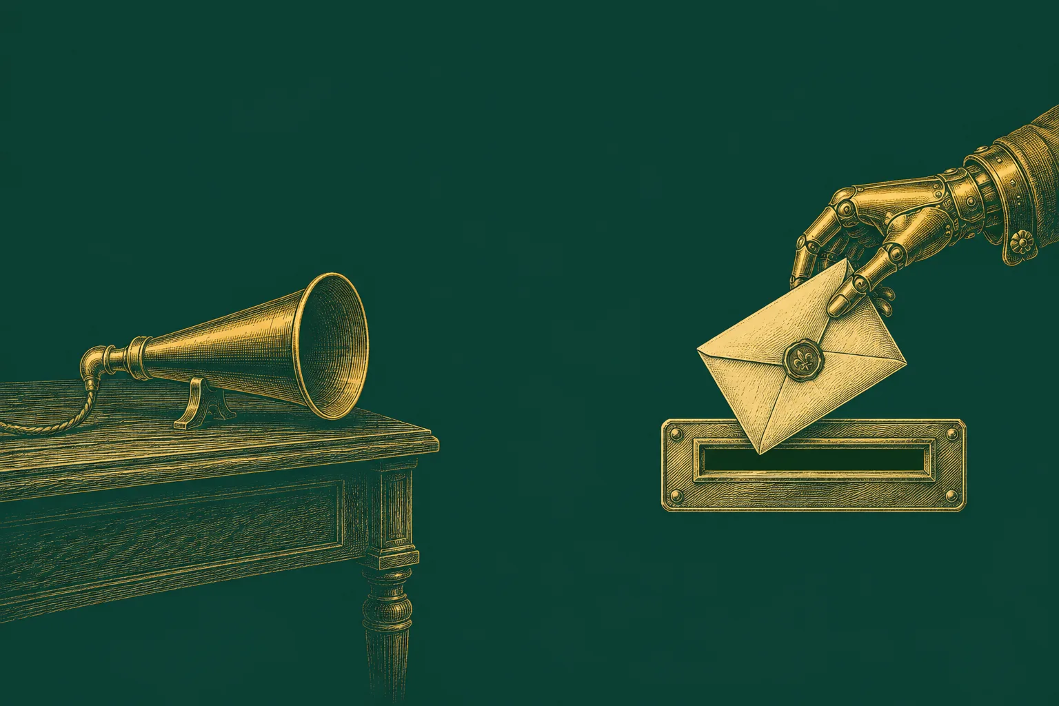 A speaking tube on one side and a mechanical hand posting a sealed envelope on the other, drawn as a brass engraving on deep green