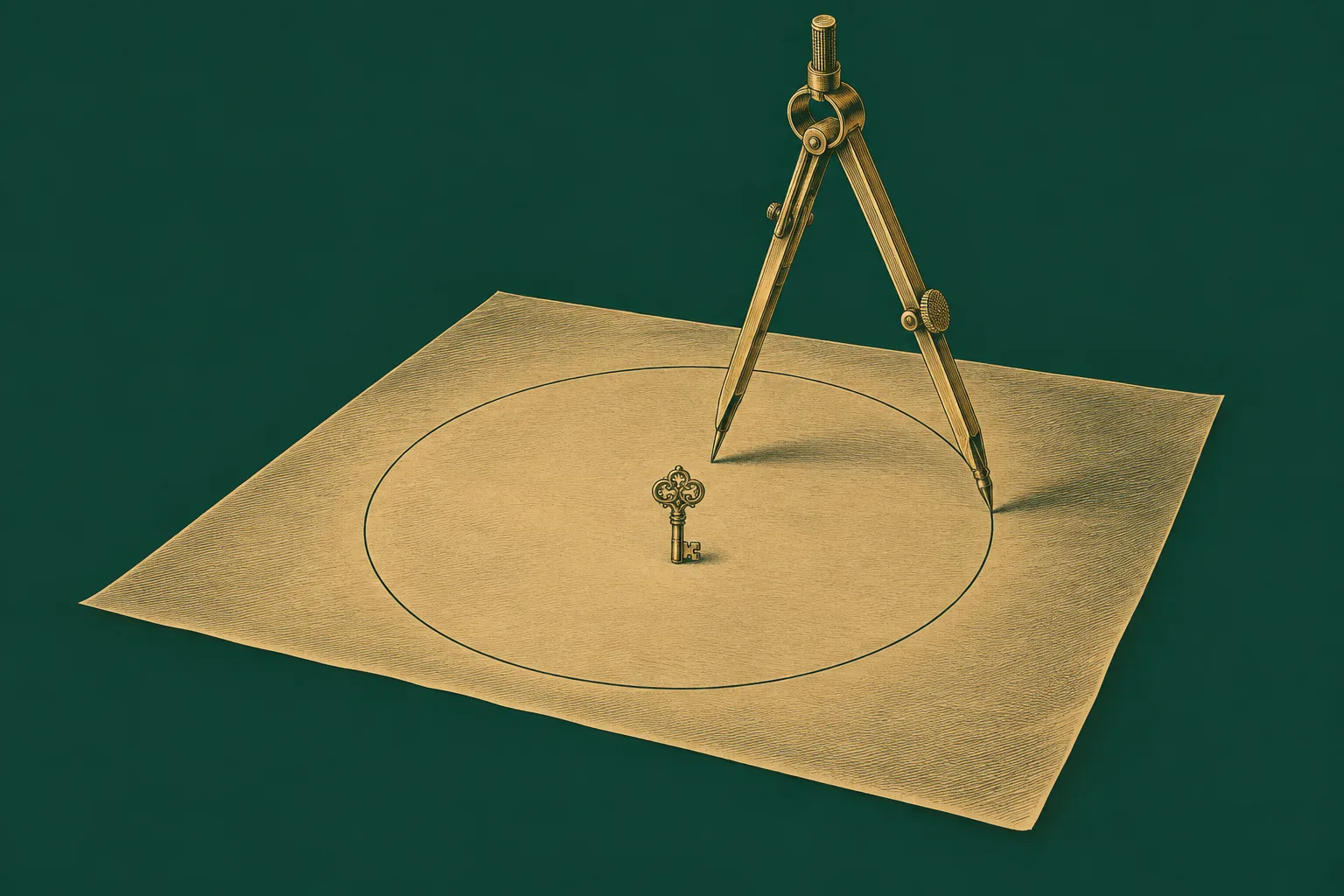 A brass compass drawing a boundary circle around a single small key, drawn as a brass engraving on deep green