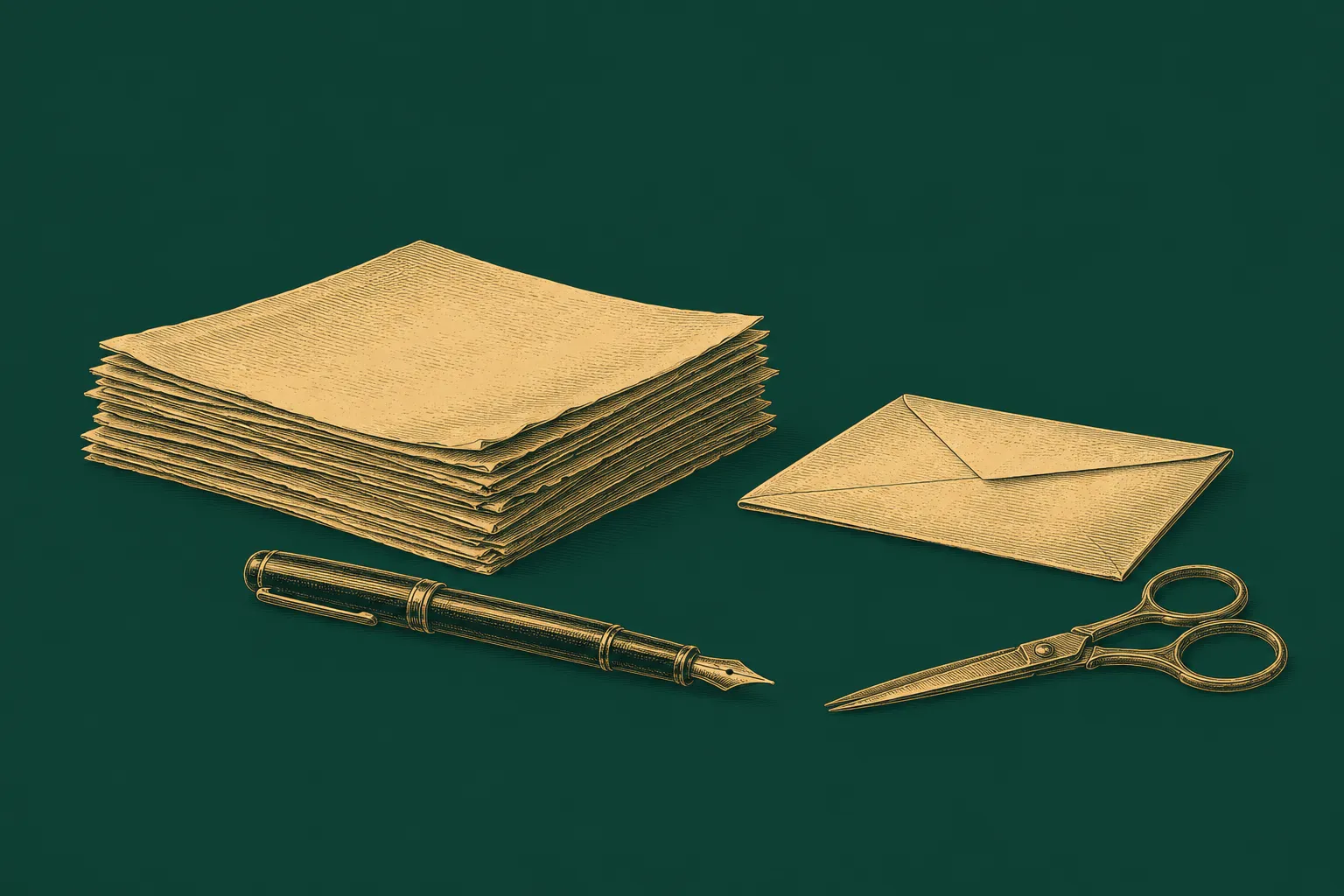 Manuscript pages, a letter, a fountain pen and scissors arranged to represent adapting one source into several pieces of content, drawn as a brass engraving on deep green