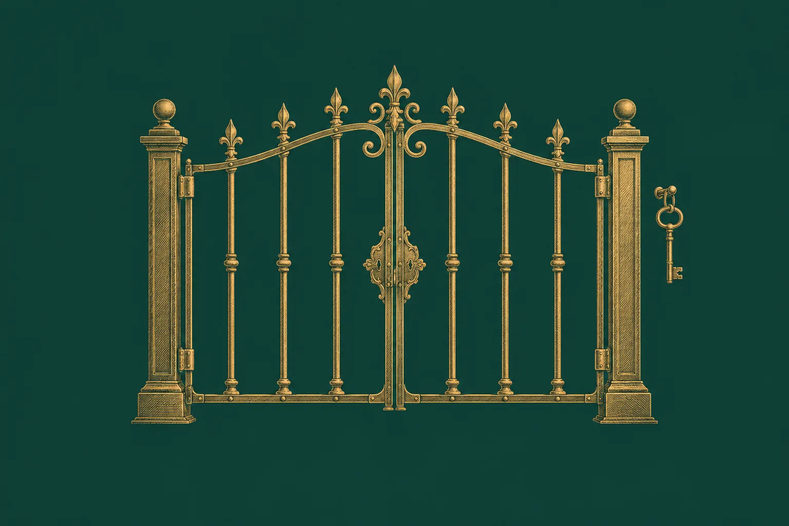 A closed brass gate with eight bars and a single key on a hook, drawn as a brass engraving on deep green