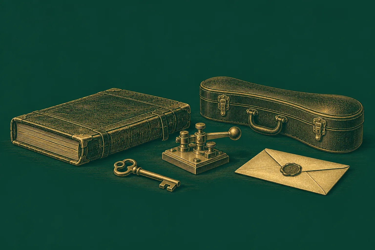 A desk scene with objects that represent controlled automation and human approval points, drawn as a brass engraving on deep green
