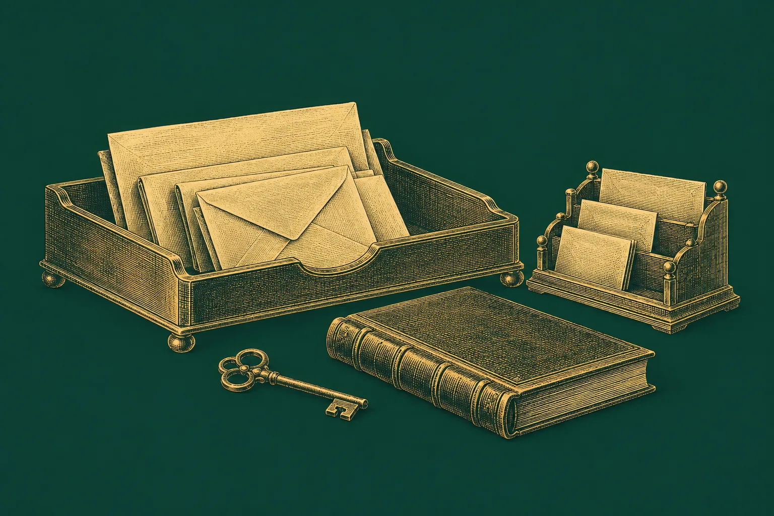 A desk tray with letters and a ledger representing an organized inbox triage process, drawn as a brass engraving on deep green