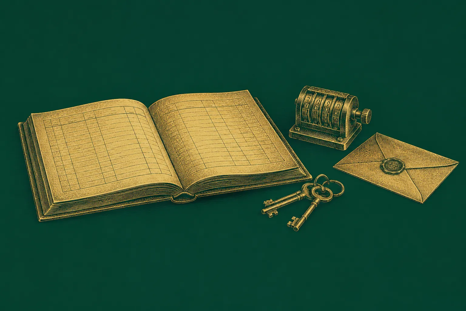 An open ledger sits beside keys, a mechanical counter and a sealed envelope, representing controlled access and review of AI agent actions, drawn as a brass engraving on deep green