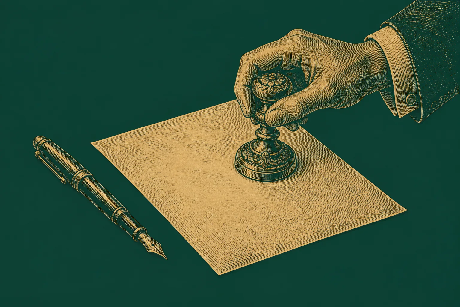A hand pressing an ornate brass stamp onto a sheet of paper, drawn as a brass engraving on deep green