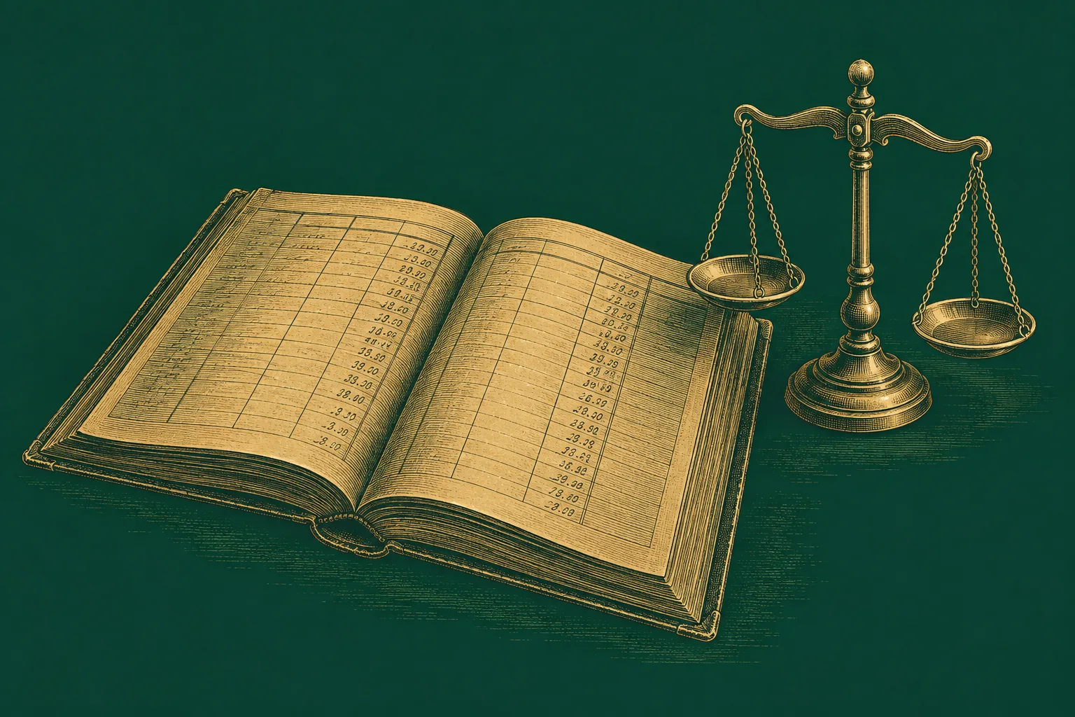 An open ledger with a column of figures beside a small balance scale, drawn as a brass engraving on deep green