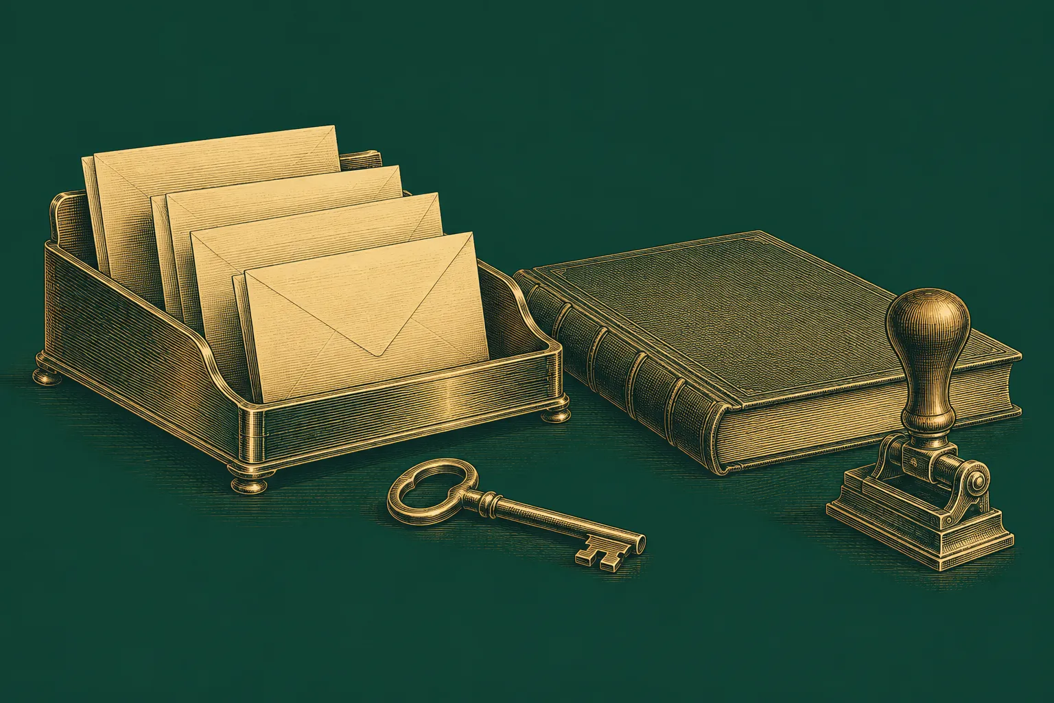 A desk tray with sorted letters beside a ledger, a key and a mechanical stamp, drawn as a brass engraving on deep green