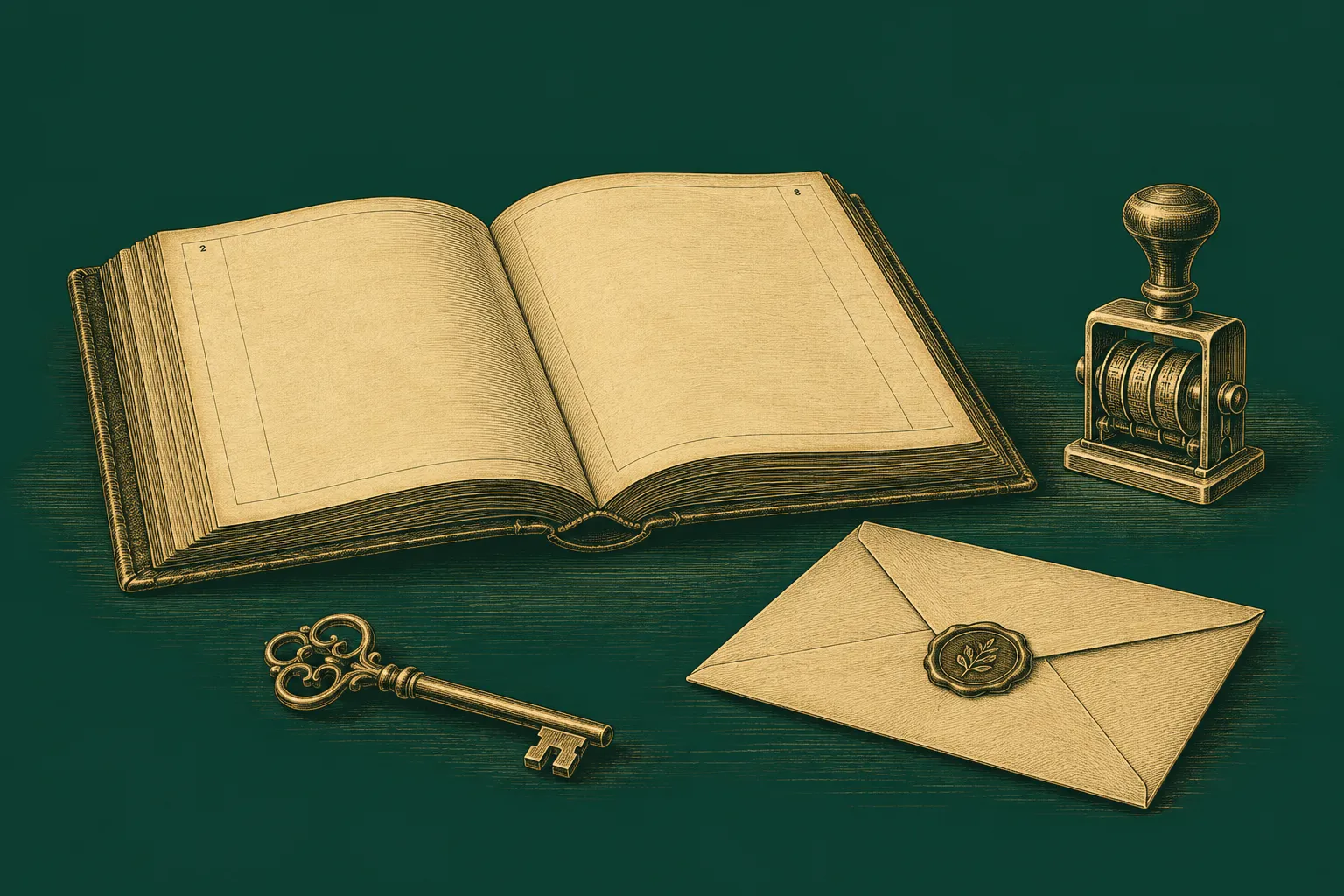 An open ledger sits beside a sealed envelope, a brass key and a mechanical date stamp, drawn as a brass engraving on deep green