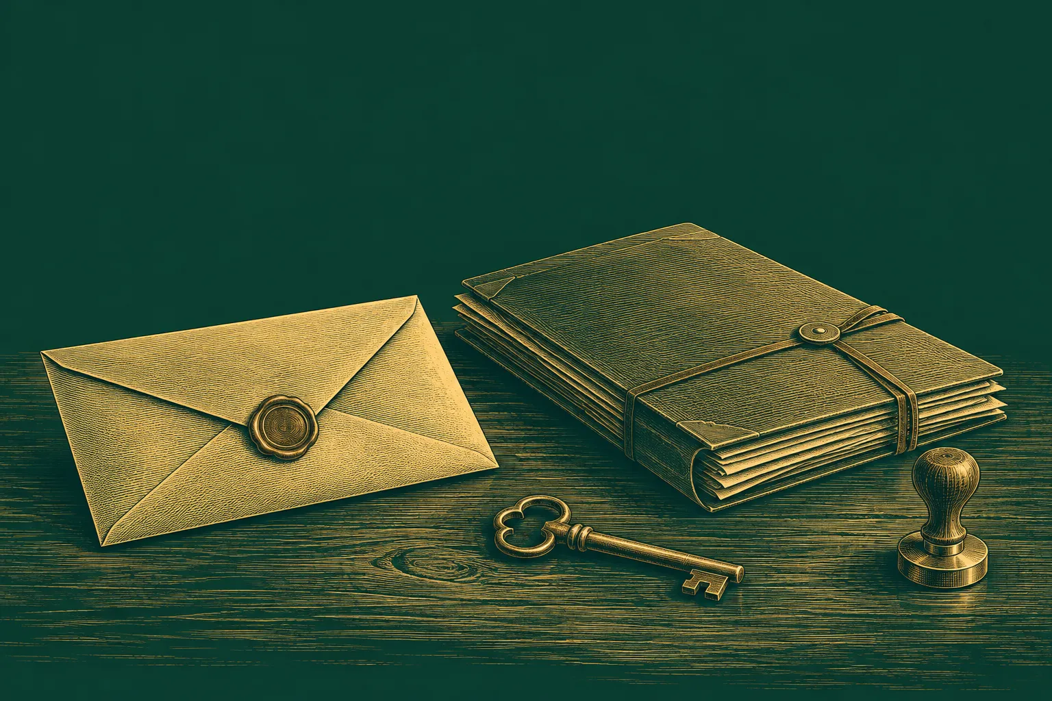 A sealed envelope sits beside a document folder, a brass key and an approval stamp on a desk, drawn as a brass engraving on deep green
