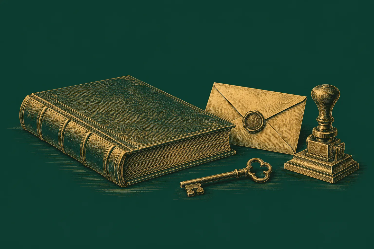 A ledger, sealed letter, key and approval stamp arranged on a desk, drawn as a brass engraving on deep green
