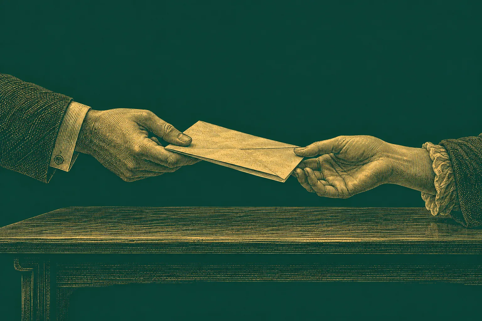 Two hands passing a folded sheet of paper across a desk, drawn as a brass engraving